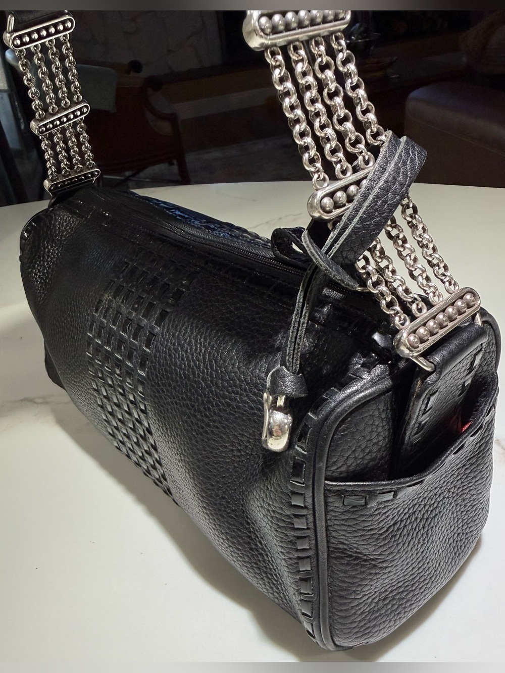 BRIGHTON Leather Shoulder Bag, Silver chain/Leather Strap, Black, Red interior